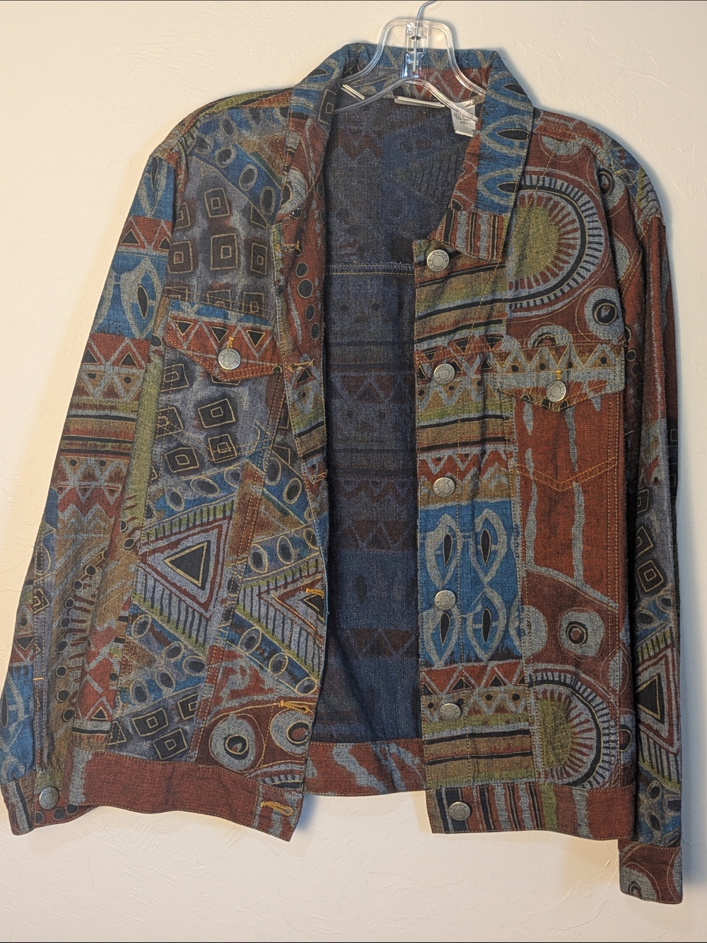 Chico's Southwestern Tapestry Graphic Denim Jacket S:1 M/8-10 Boho Artsy Tribal